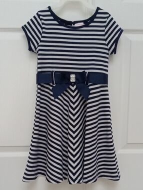 Youngland Navy and White Striped Bow-Front Casual Dress